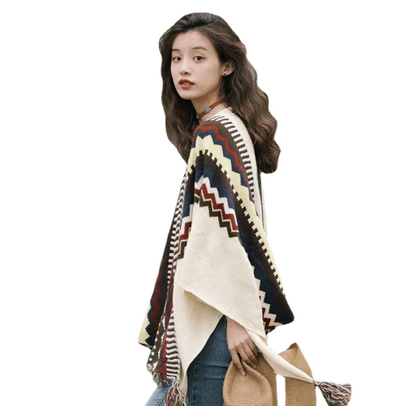 Acrylic Bohemian White Tassels Shawls Knitted Yarn Dye Warm Autumn Ethnic Style Scarf For Women