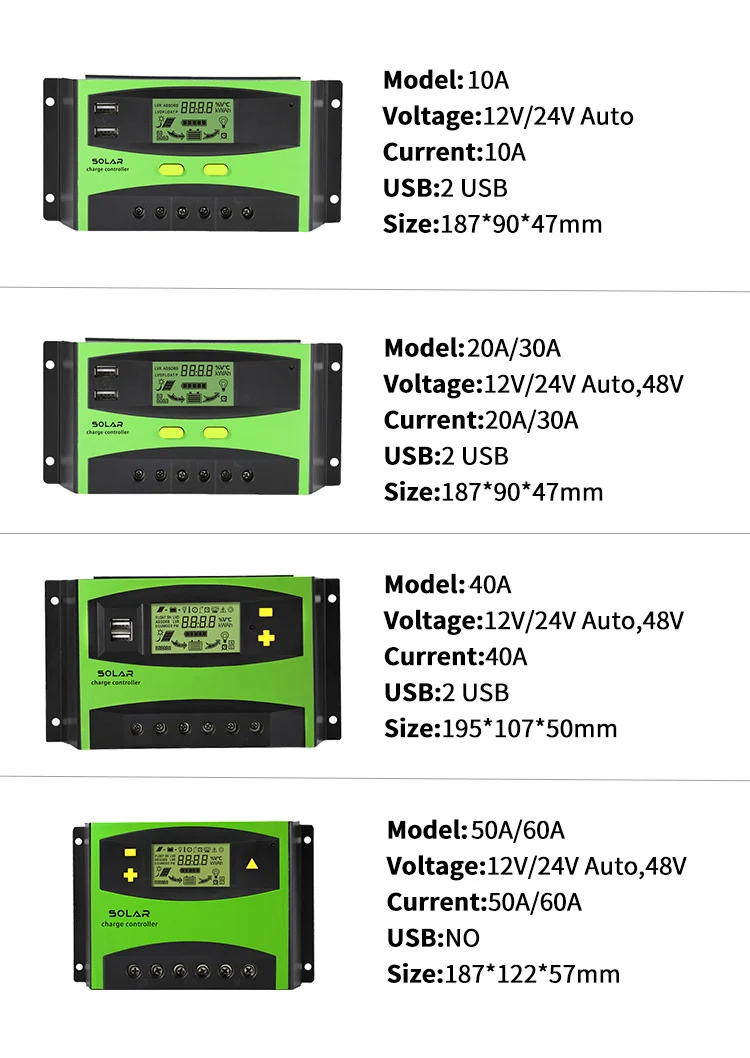 Smart Solar Panel Controller Regulator 24V 12V DC Output Bulb 10A 30A 50A 60A 20A Manual PWM Solar Charger Controllers
