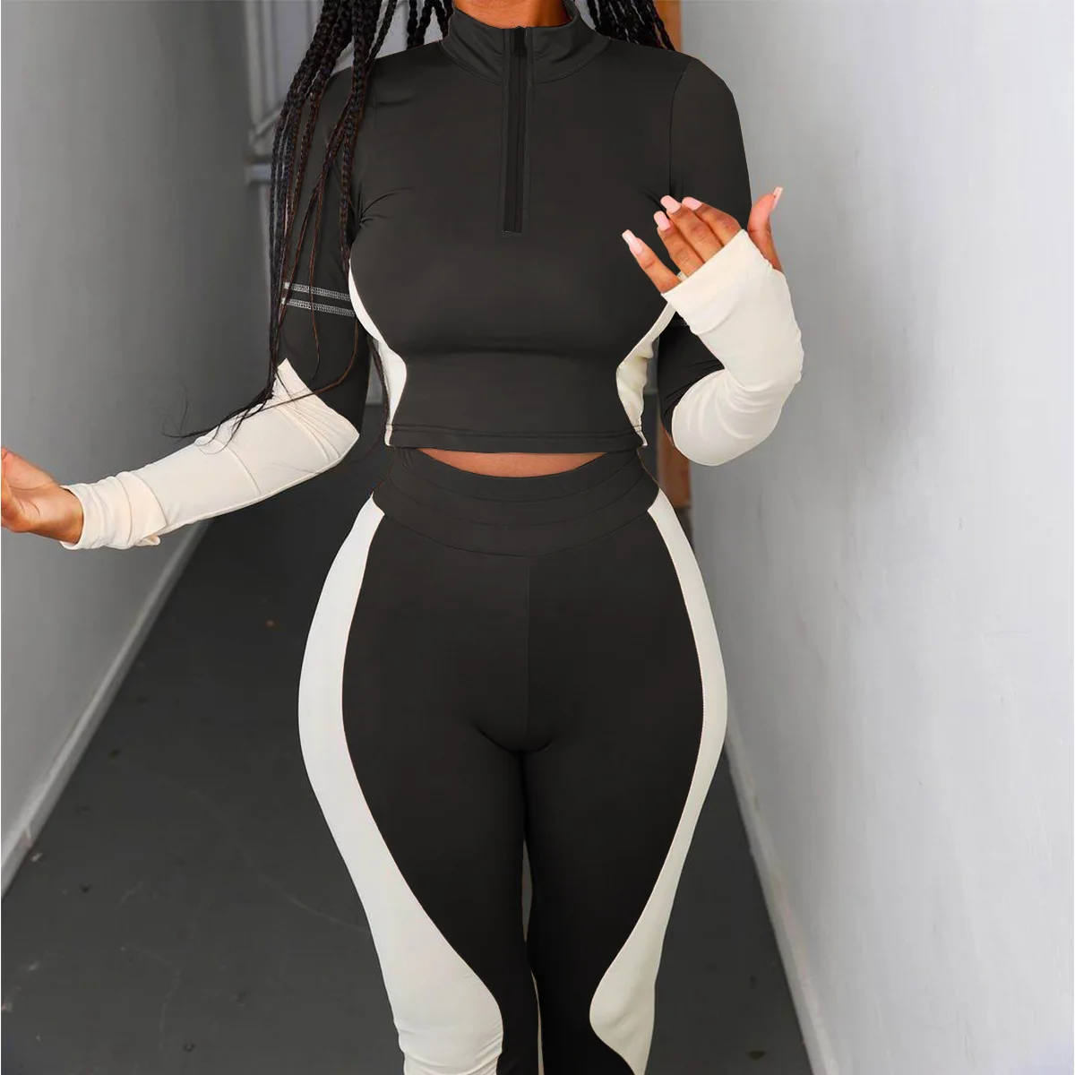 Ready to Ship Wholesale Fall Fashion Two Piece Sets Woman Patchwork Half Zipper Tracksuits Sportswear Pants 2 Piece Set Women
