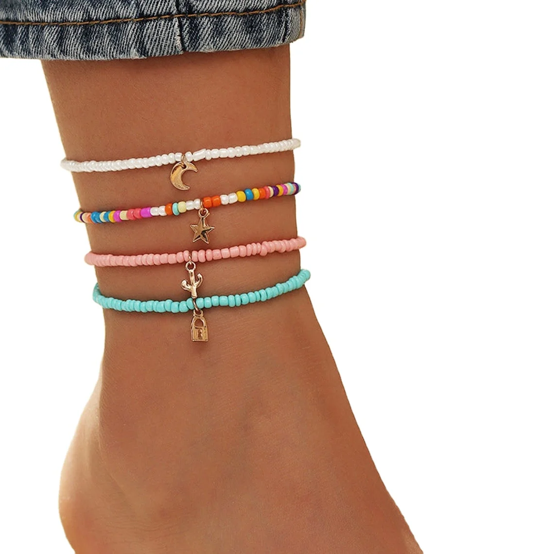 Moon Star Lock Cactus Anklet Pink Blue anklet set Boho Dainty Beaded Ankle Bracelet