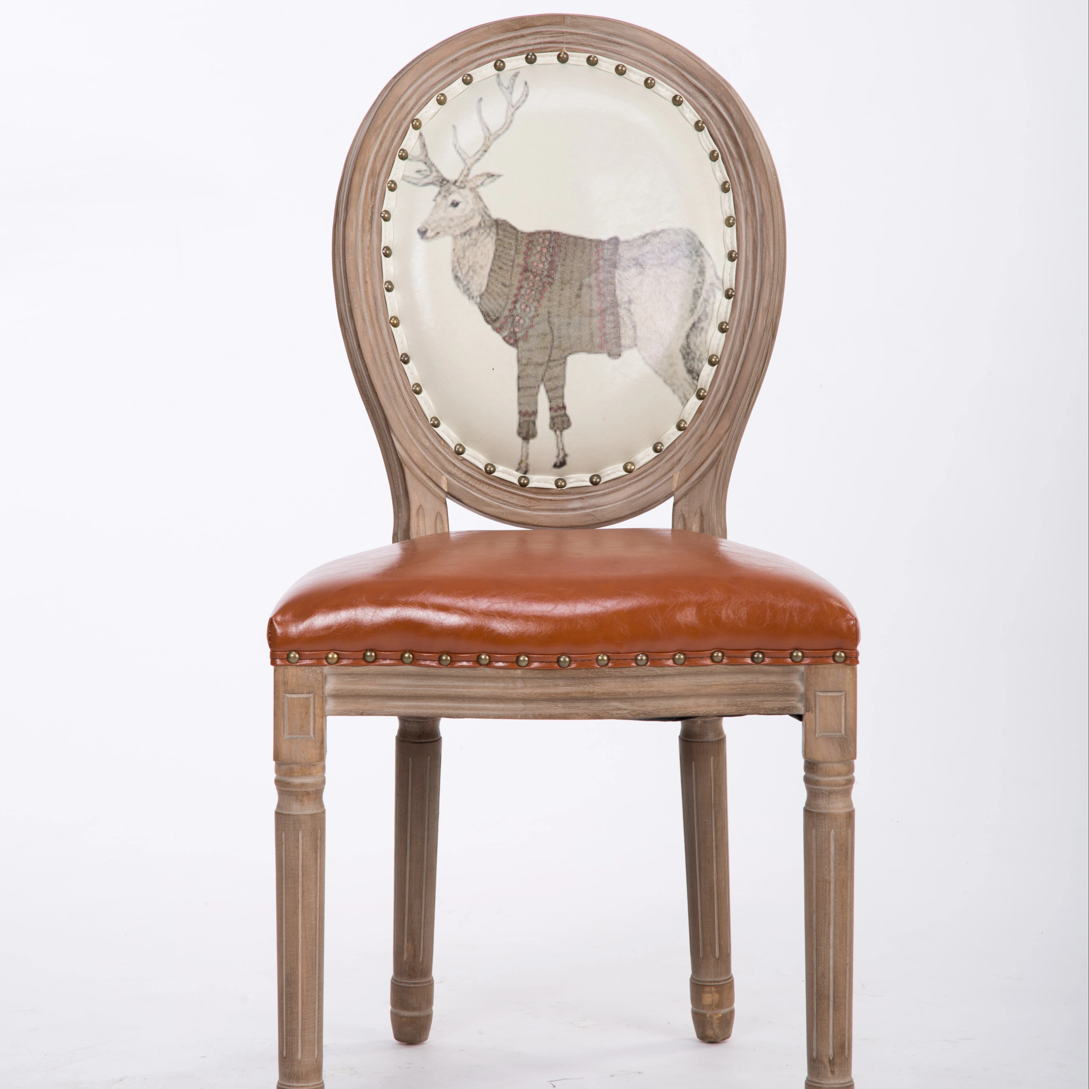 
2021 Retro Louis Leather Dining Chair Oval Back Oak Wood Kitchen Vintage Luxury Brown Faux Pu Leather Dining Chair 