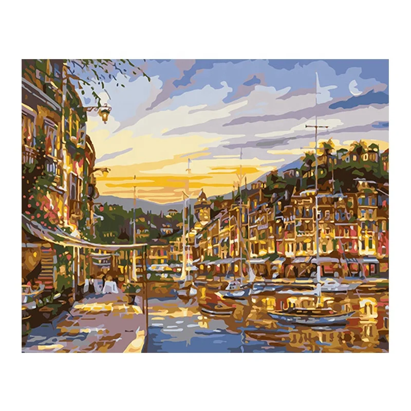 100% Handmade watery city landscape art digital canvas oil painting