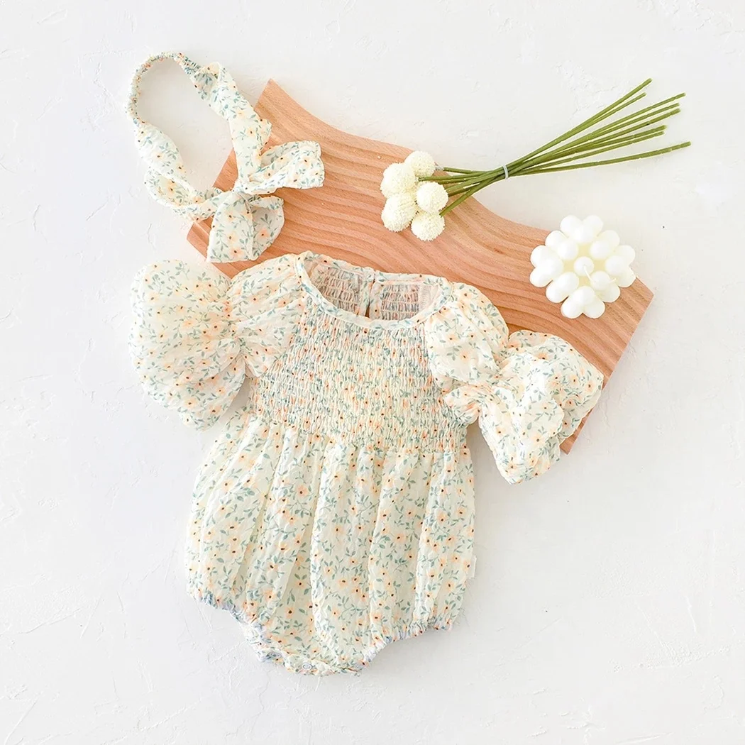 Wholesale Soft Breathable Short Puff Sleeve Infant Baby Bodysuit Kids Girls Clothing Children Overalls