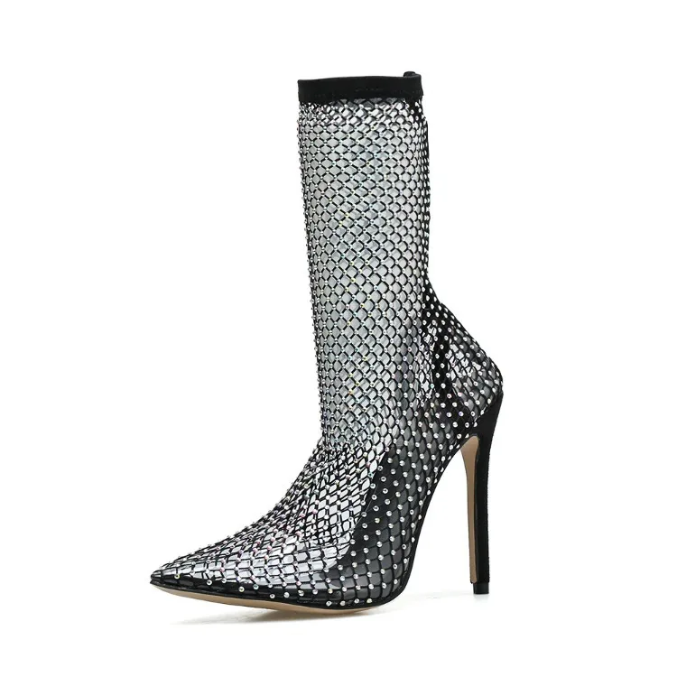 Bling Fashion high heels sexy big size thigh high heel sexy boots Custom black diamante fishnet ankle boots for women