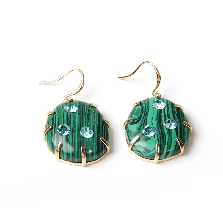 V&R Qingdao Jewelry Bijoux French Wire Earring Big Synthetic Malachite Stone Blue Zircon Rhinestone Gold Plated Earrings