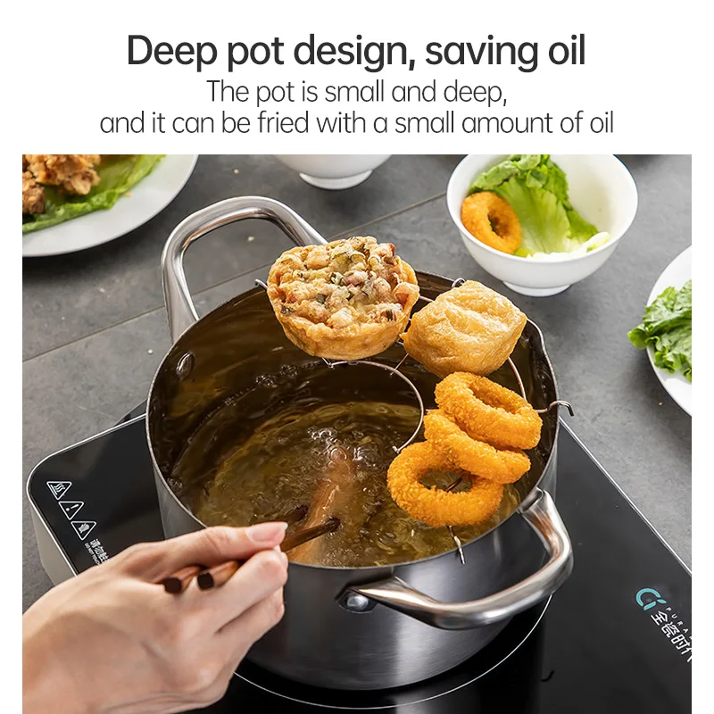 Multi function Japanese Style Mini Deep Oil Frying Pan Stainless Steel Tempura Fryer Pot with Drainer