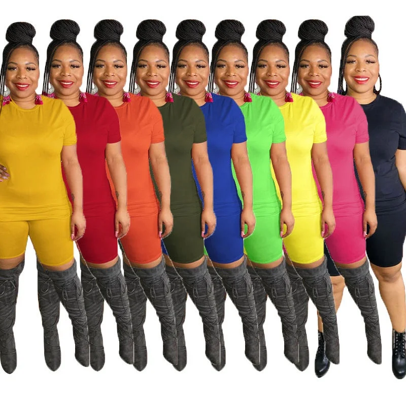 Fashion Casual Shorts Two-piece Set Custom Logo T-shirt Shorts Set Plus Size Blank Neon Top And Shorts 2-piece For Fat Women