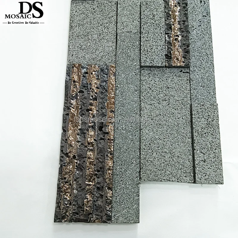 Formed Crack  Irregular Matte Surface Volcanic Stone Wall Tile with Gold Line Lava Stone Mosaic Tiles for Backsplash Floor