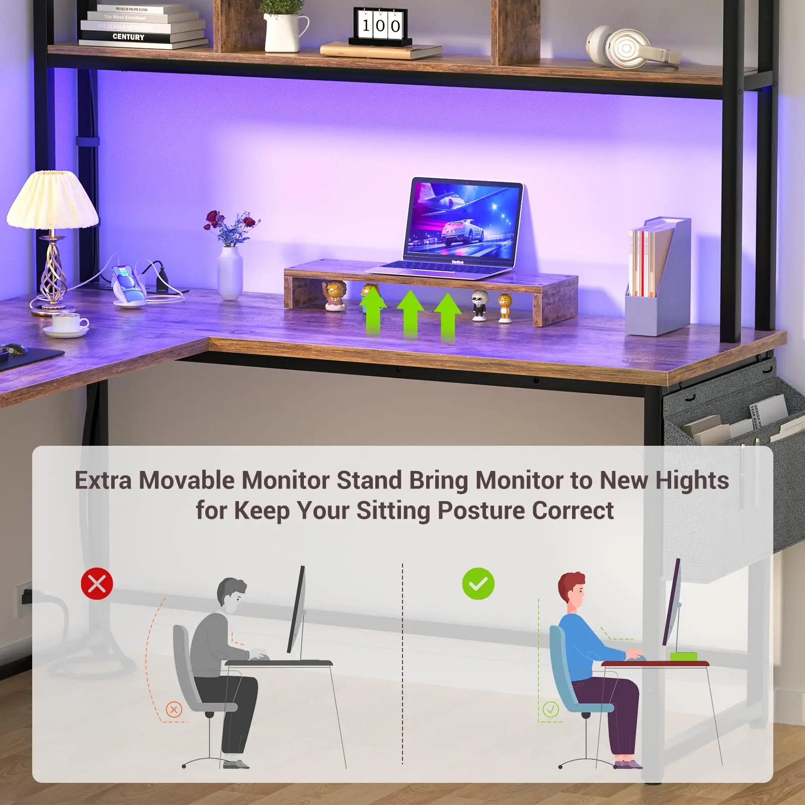 Computer Corner Desk with Storage Shelf and Monitor Stand L Shaped Desk with Power Outlets and LED Strip