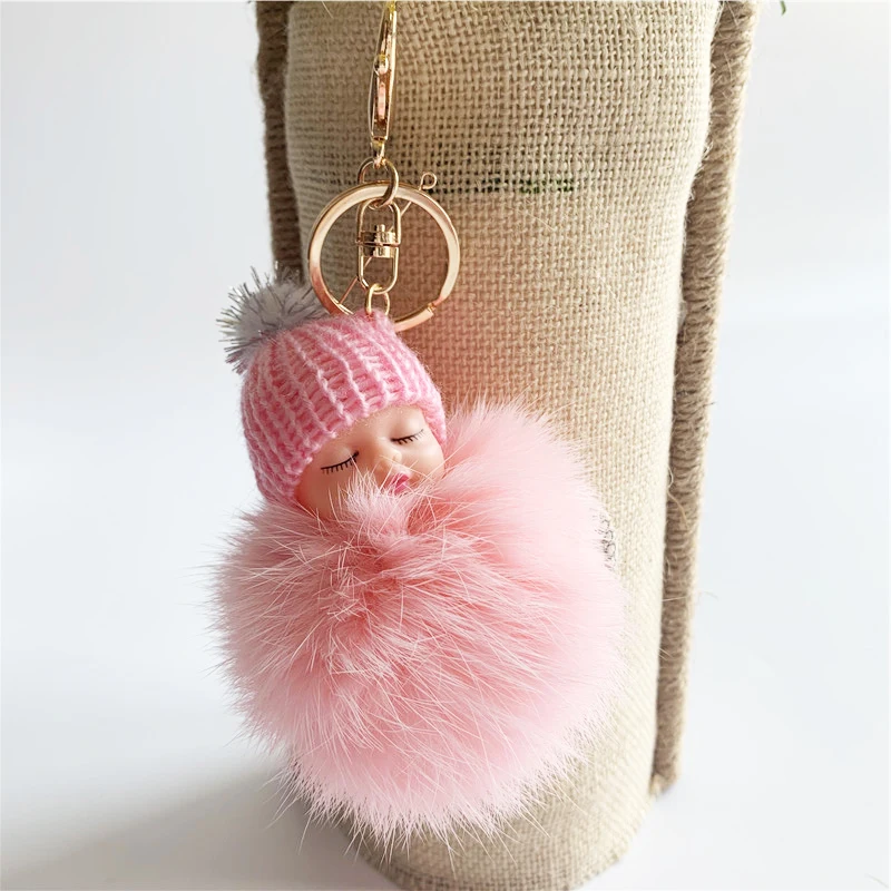 Индивидуальные буфами на рукавах с кроличьим мехом Спящий ребенок помпонами брелок для женщин сумка Шарм украшения