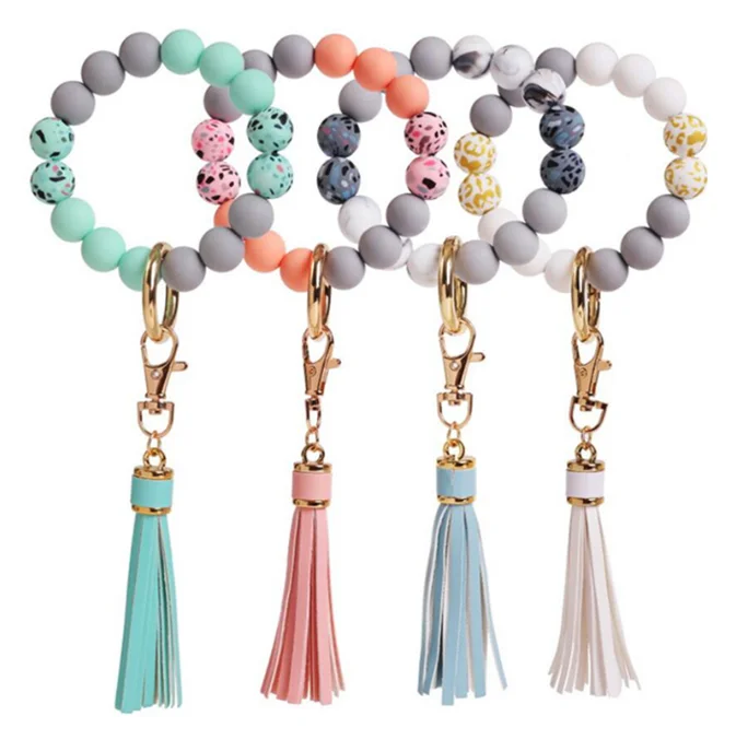 Hot selling Colorful Wood Bead Wristlet Key chain Retro Bracelet Bangle PU Leather Tassel Wristbands Keychain Accessories