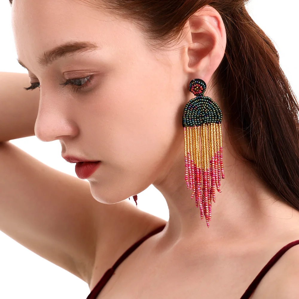 2024 2022 Native American Handmade Bohemia Jewelry Stainless Steel Miyuki Seed Beads Tassel Dangle Hoop Earring Set for Women