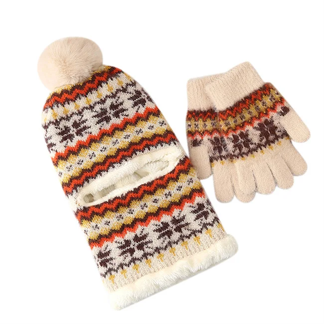 Latest Design 2024 Two Pieces High Quality Winter Women Warm Jacquard Knitting Acrylic Hat Beanie Gloves Set With Thick Fleece