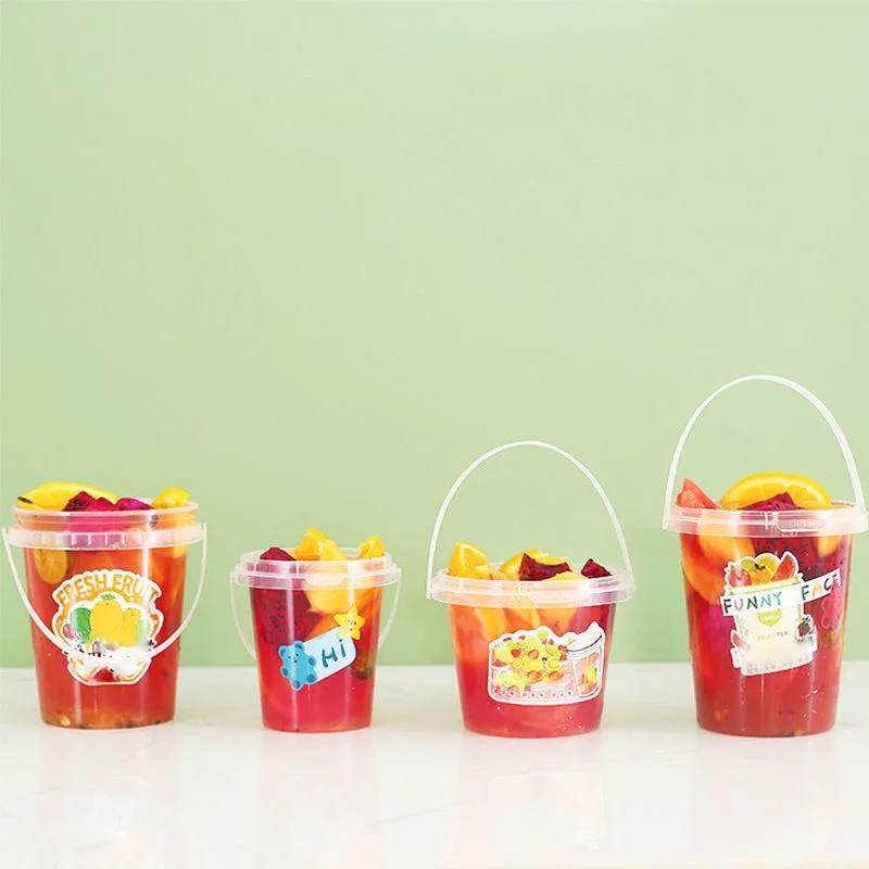 Custom Logo Printed Disposable PP Clear Party Bucket 500ml 700ml 1000ml Plastic Cup with Handle and Lid for Tea Juice Milk
