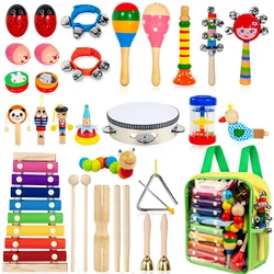 33PCS Kids Musical Instruments Wooden Instruments Tambourine Xylophone Toys for Kids Children Preschool Educational