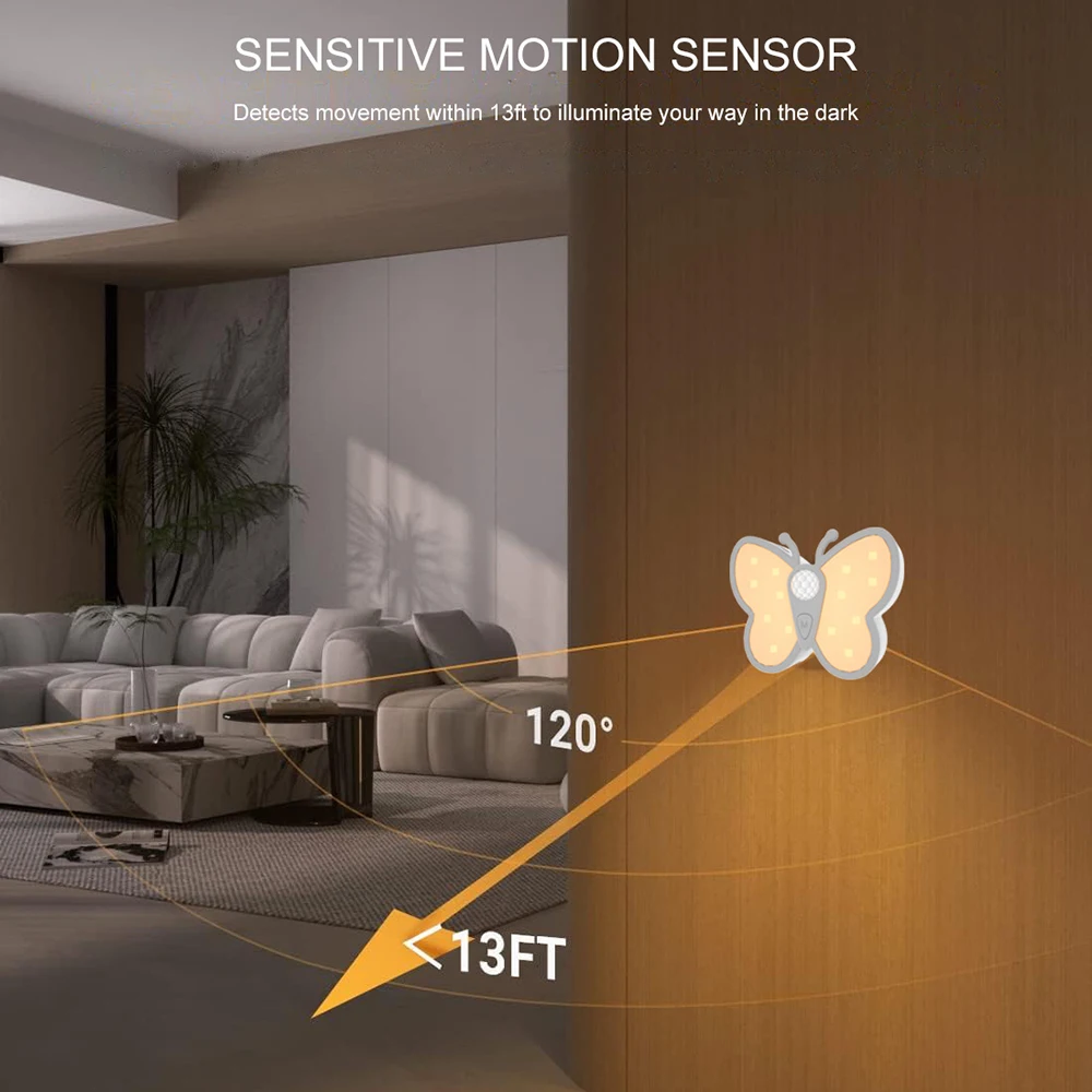 2Pack Energy Saving Motion Sensor Butterfly Under Kitchen Cabinet Led Light Wireless Rechargeable Bedroom Step Night Lights