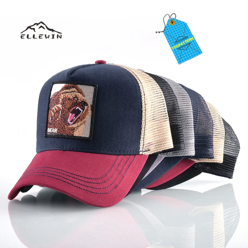 ELLEWIN Wholesale Custom Cotton 5 Panel Men Mesh Embroidery Patch Logo Curved Brim Cap Trucker Hat