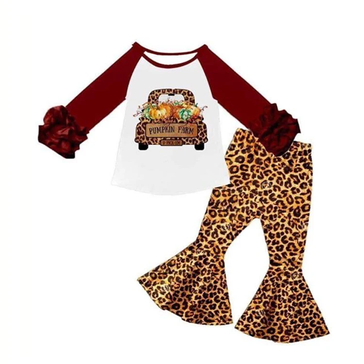 Hot autumn boutique car pumpkin pattern lotus leaf long sleeve leopard bell bottomed pants set little girl set