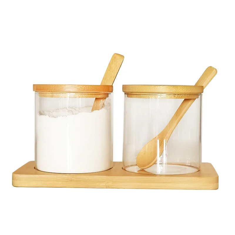 Special Gifts high borosilicate glass jar wooden spoon bamboo tray Kitchen 2 in 1 set spice jar with lid