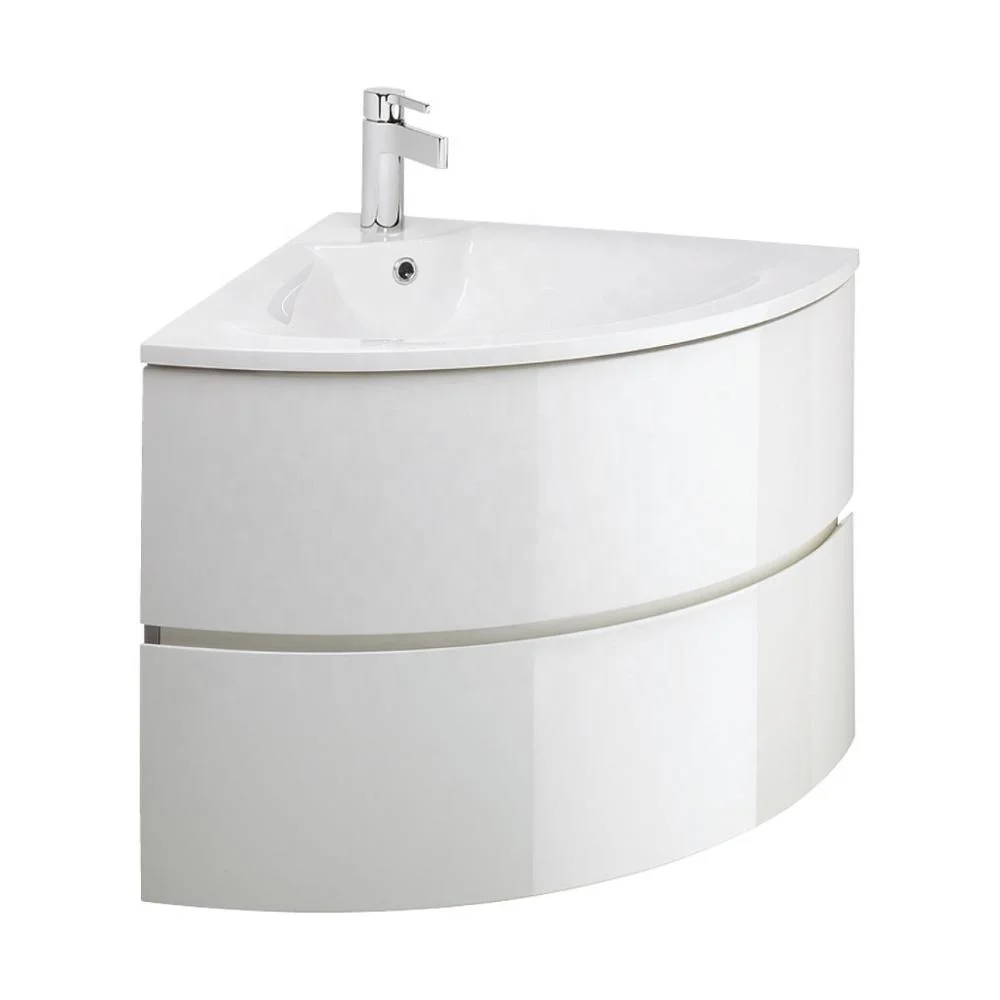 White Wall Mounted Curved Front Corner Bathroom Vanity With Drawers