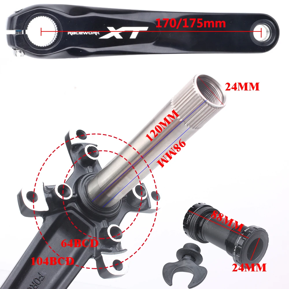 RACEWORK XT MTB Bike Crankset 104BCD Aluminum Alloy With Bottom Bicycle Cranks Chain Ring Crank Bike Accessories 170mm 175mm
