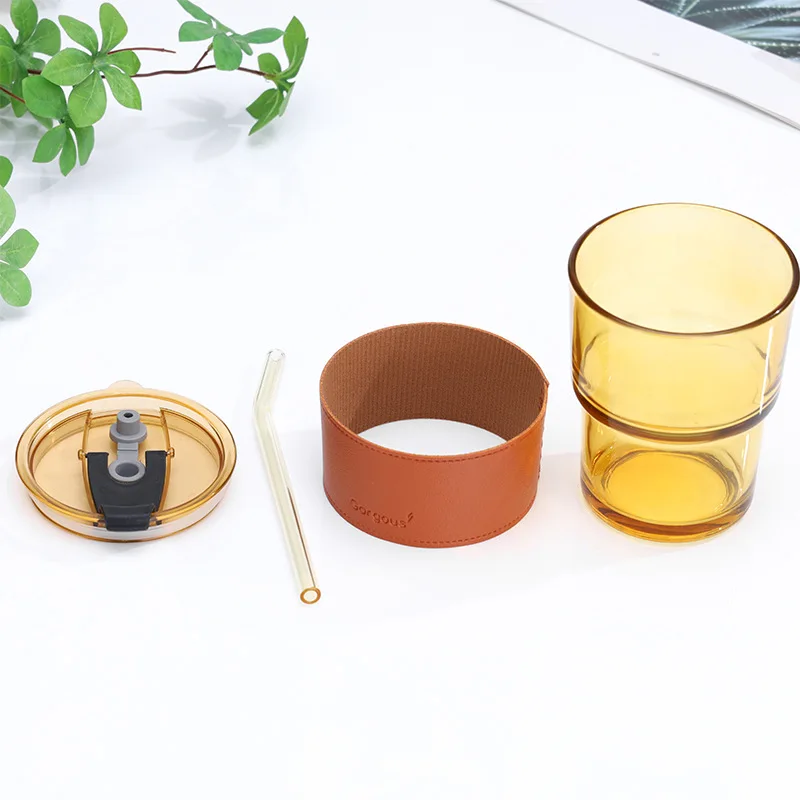 Bamboo Coffee Cup,Portable High Beauty Net Red Glass Coffee Cup Reusable Large-Capacity Juice Milk Mug with Straws &Lids