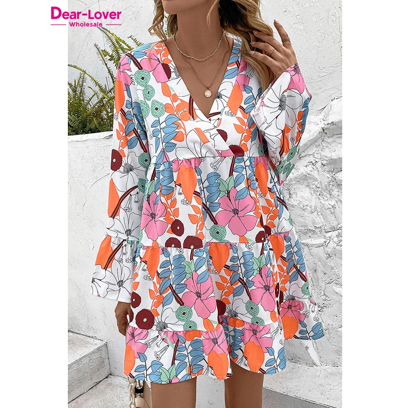 Dear-Lover Wholesale Long Sleeve White Floral Tiered Mini Dress