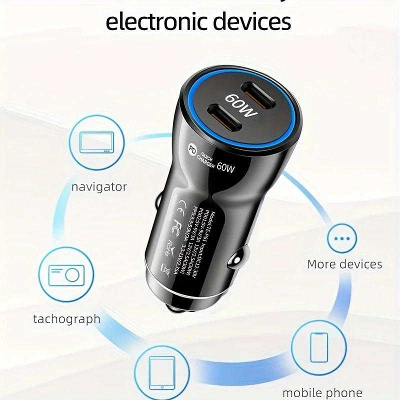 Универсальный ODM OEM QC3.0 двойной порт 12/24 В автомобильные аксессуары Мини Usb C 60 Вт новое автомобильное зарядное устройство 2025