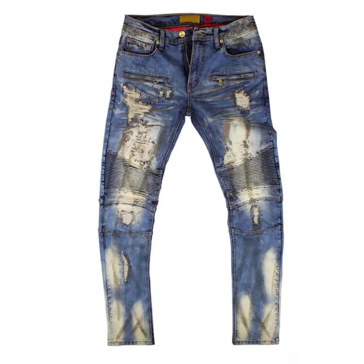 Factory Wholesale Mens Skinny Denim Pants Slim Fit Straight Ripped Distressed Zipper Stretch Destroyed Patch Jeans