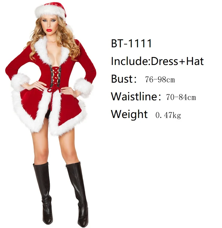 Новый дизайн короткое рождественское пальто с длинным рукавом сексуальный косплей Санта эластичный бандаж плюшевые 2 шт. горячие рождественские платья для женщин