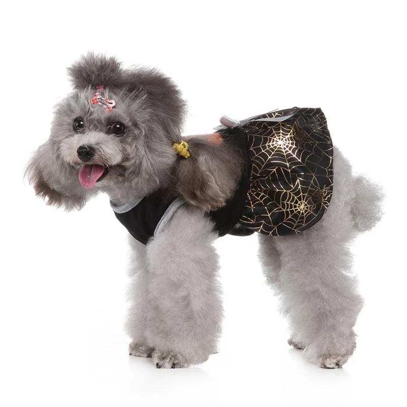Modern XL Polyester Dog Party Dress with Golden Spider Web Print for Halloween Pumpkin Head for Spring and Summer Season