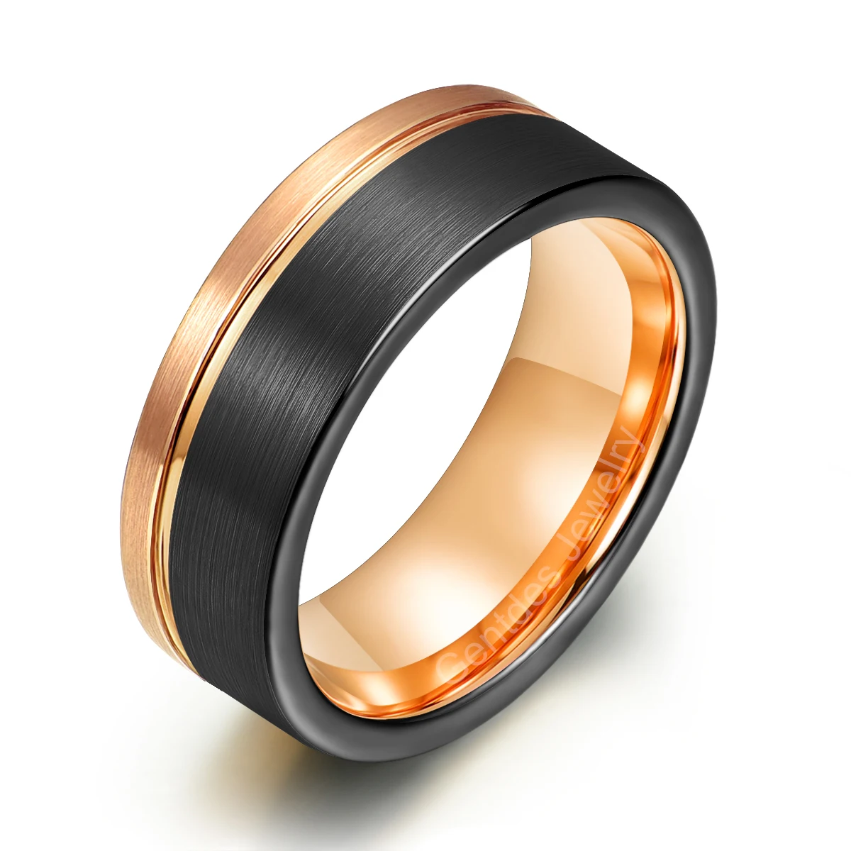 Gentdes Jewelry 8mm Men Rose Gold Groove Black Brushed Tungsten Ring Asymmetric Rose Gold Thread Two Tone Wedding Bands Ring