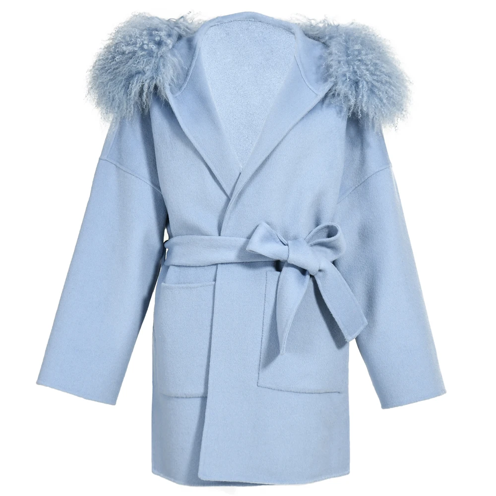 New Trending Fashion Winter Plus Size Wool Cashmere Mongolian Fur Coat Women Cashmere Coat Fur Collar