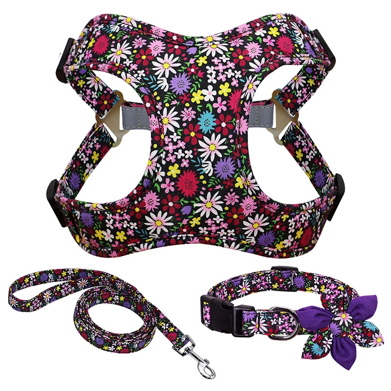 Wholesale adjustable and reflective pet harness vest with bowtie dog collar leash set