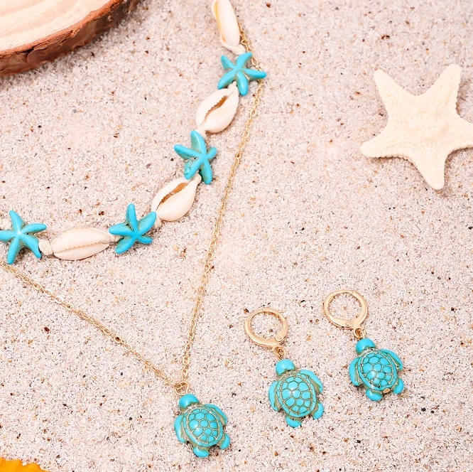 New starfish shell necklace turtle earpiece Ocean series multi-piece alloy jewelry set