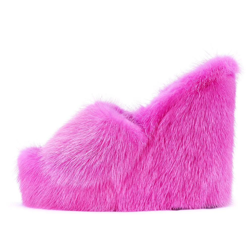 Womens Slip On Open Toe Fur Mules Fluffy High Heels Pink Platform Wedges Sandals