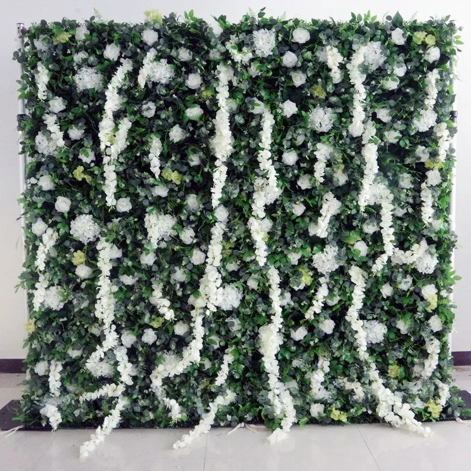 Customized Artificial Floral Green Leaves Wall Backdrop White Flower Panel for Wedding Flower Decor