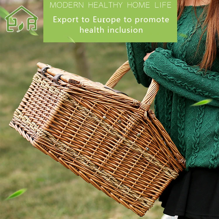 Outdoor Wicker Willow Picnic Hamper Basket with tableware Set for 4