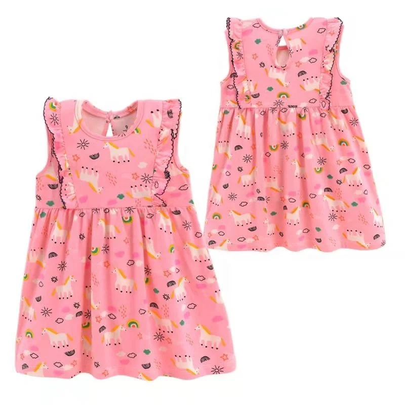 High quality summer ruffle shoulder floral casual lovely party cotton girl baby dresses
