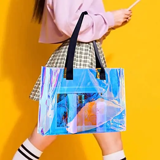 Fashion Iridescent  Handle Bags Capacity Promotional Custom Logo Size Holographic PVC Tote Bag