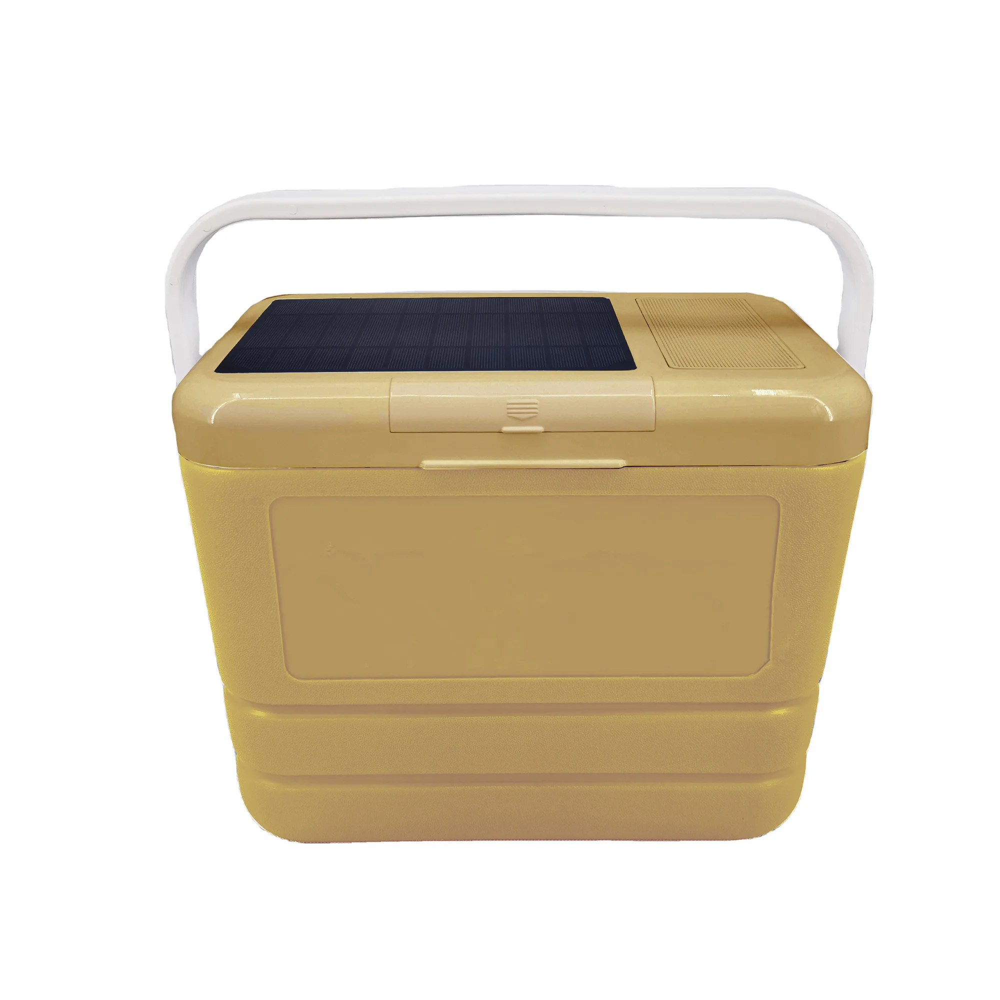 Ice chest with solar energy cooler box built in stereo wireless speakers and cell phone charging port