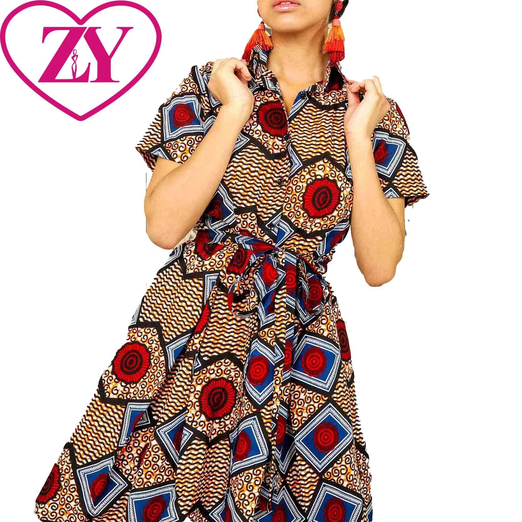 African Cotton Print Casual Custom Design Short Sleeve Shirt  A-line Shirt Dress