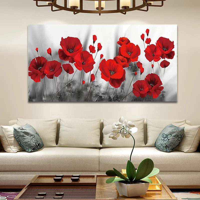 Romantic Poppies Red Flowers Oil Painting on Canvas Posters and Prints Wall Art Pictures For Living Room