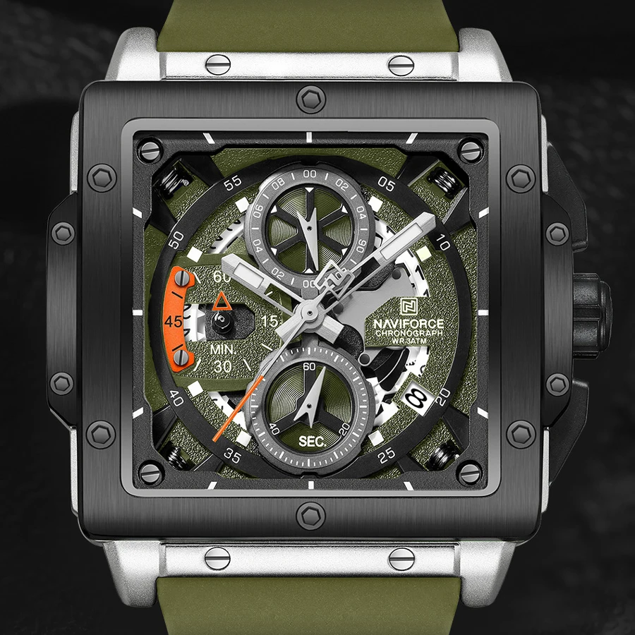 8064 серебристо-зеленые часы NAVIFORCE квадратные модные спортивные оригинальные наручные с хронографом и светящимися руками