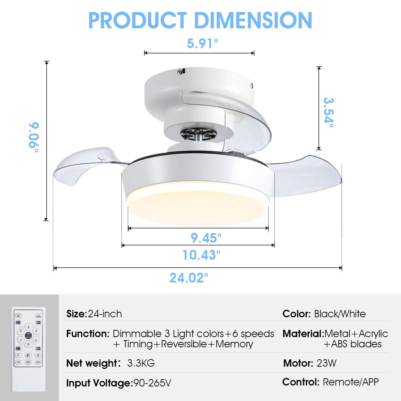 Bedroom All Copper Moto Dimmable Fan Lamp Smart Small Retractable Invisible LED Ceiling Fan With Light and Remote Control