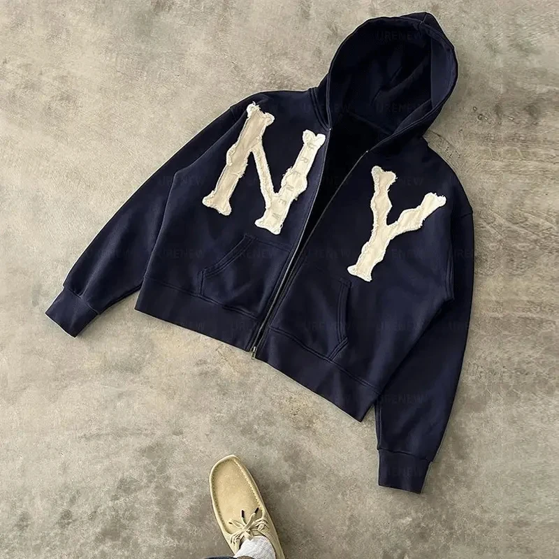 Custom Distressed Applique Embroidery Patch Zip Up Streetwear Oversized Cut Edge Designer Crop Hoodie Raw Hem Hoodies Men