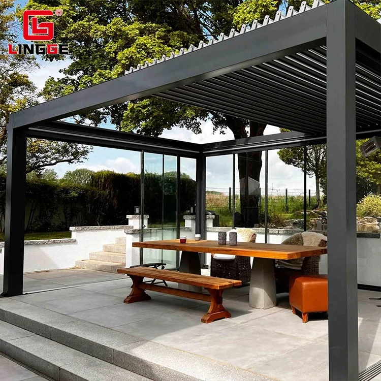 Folding Blinds Gazebo Garden Sunshade Electric Aluminum Gazebo With Light Strip Customizable Color Waterproof Gazebo