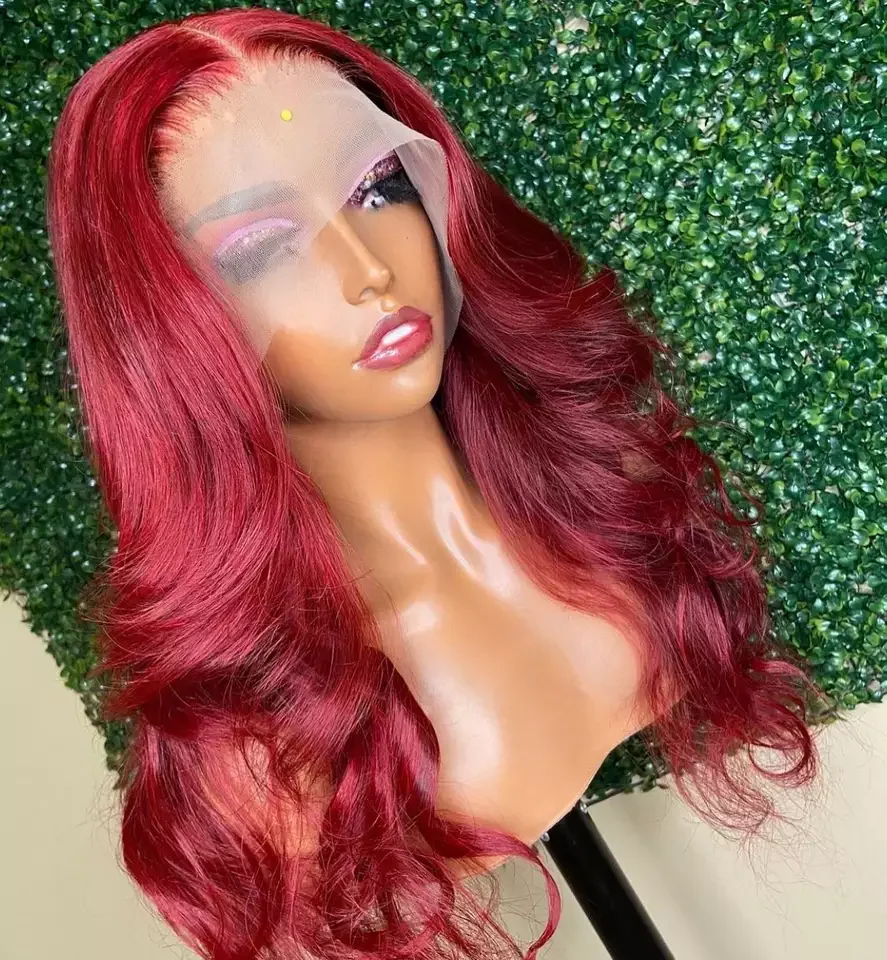 Natural Hairline Ombre Brazilian Cuticle Aligned Virgin Hair Vendors Body 99j burgundy Red Color Lace Front Wig Human Hair