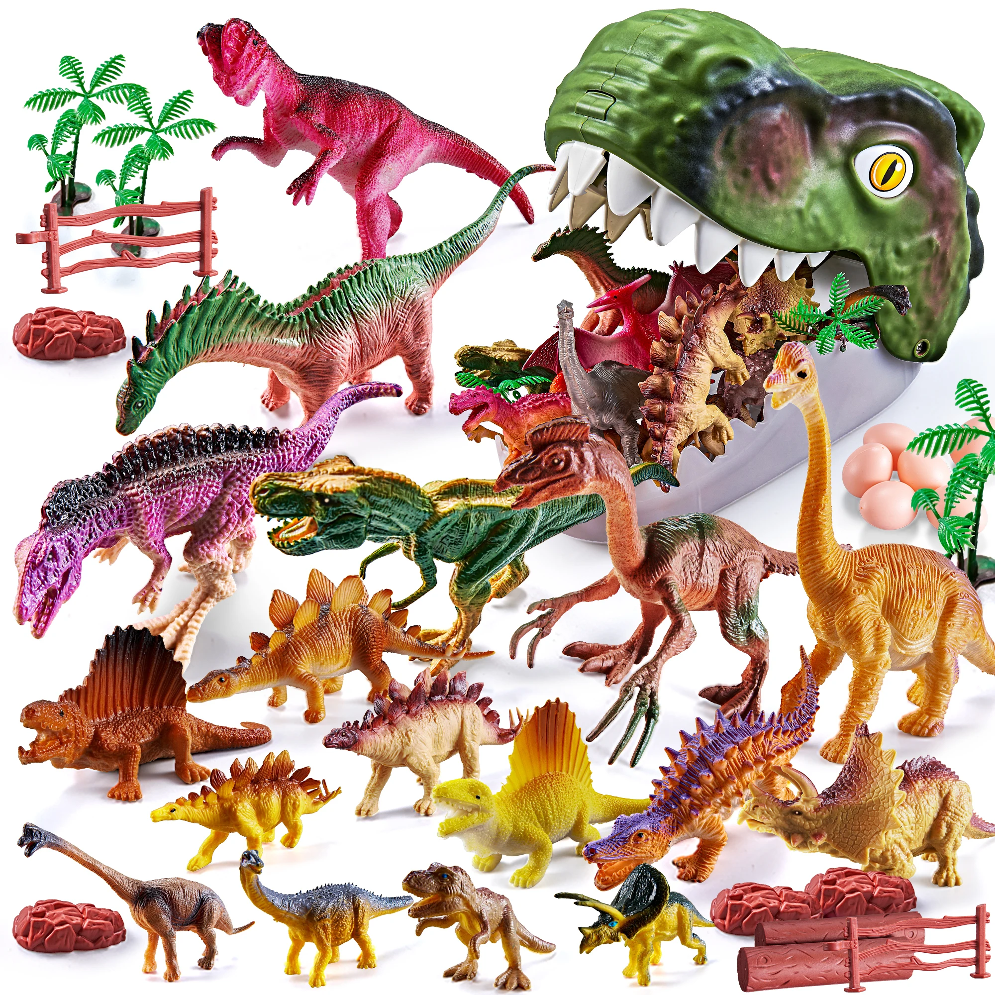 XST 48 pcs Realistic Jurassic Dinosaurs Figures with Eggs&Trees&Fence Play set to Create a Dino World Educational Dinosaur Toys