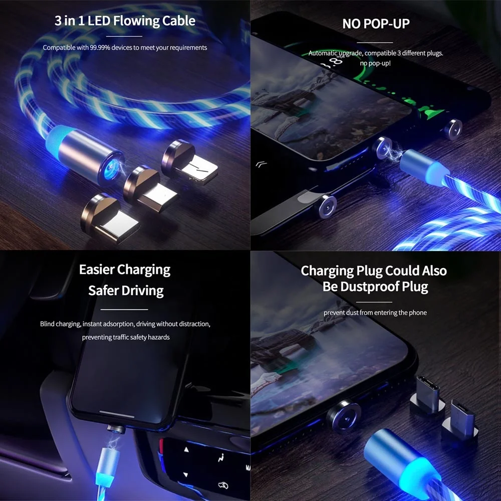 Высокое качество светодиодный мобильного телефона 3 в 1 USB-C Тип C Micro USB с магнитными разъемами кабель для быстрой зарядки